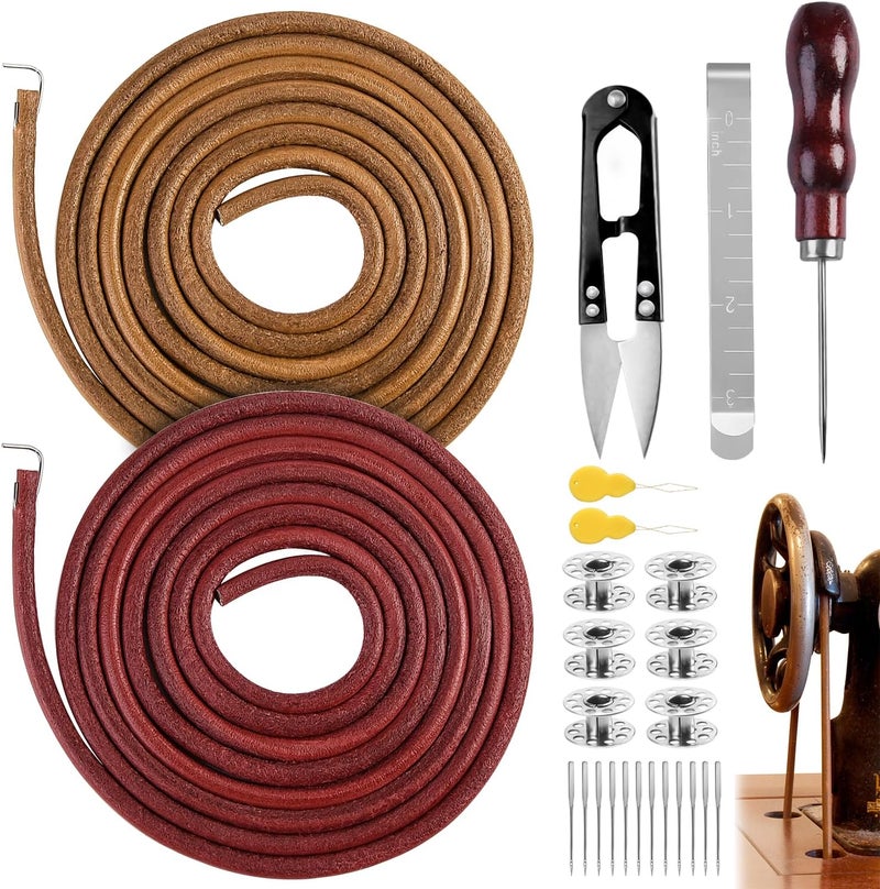 WXJ13 2 PCS Treadle Sewing Machine Belt, 72 Inch 3/16" Replacement Leather Belt Treadle Belts with Hook for Singer/Jones Sewing Machine, Total 2PCS Sewing Machine Leather Belts with 23 PCS Accessories - Image 1
